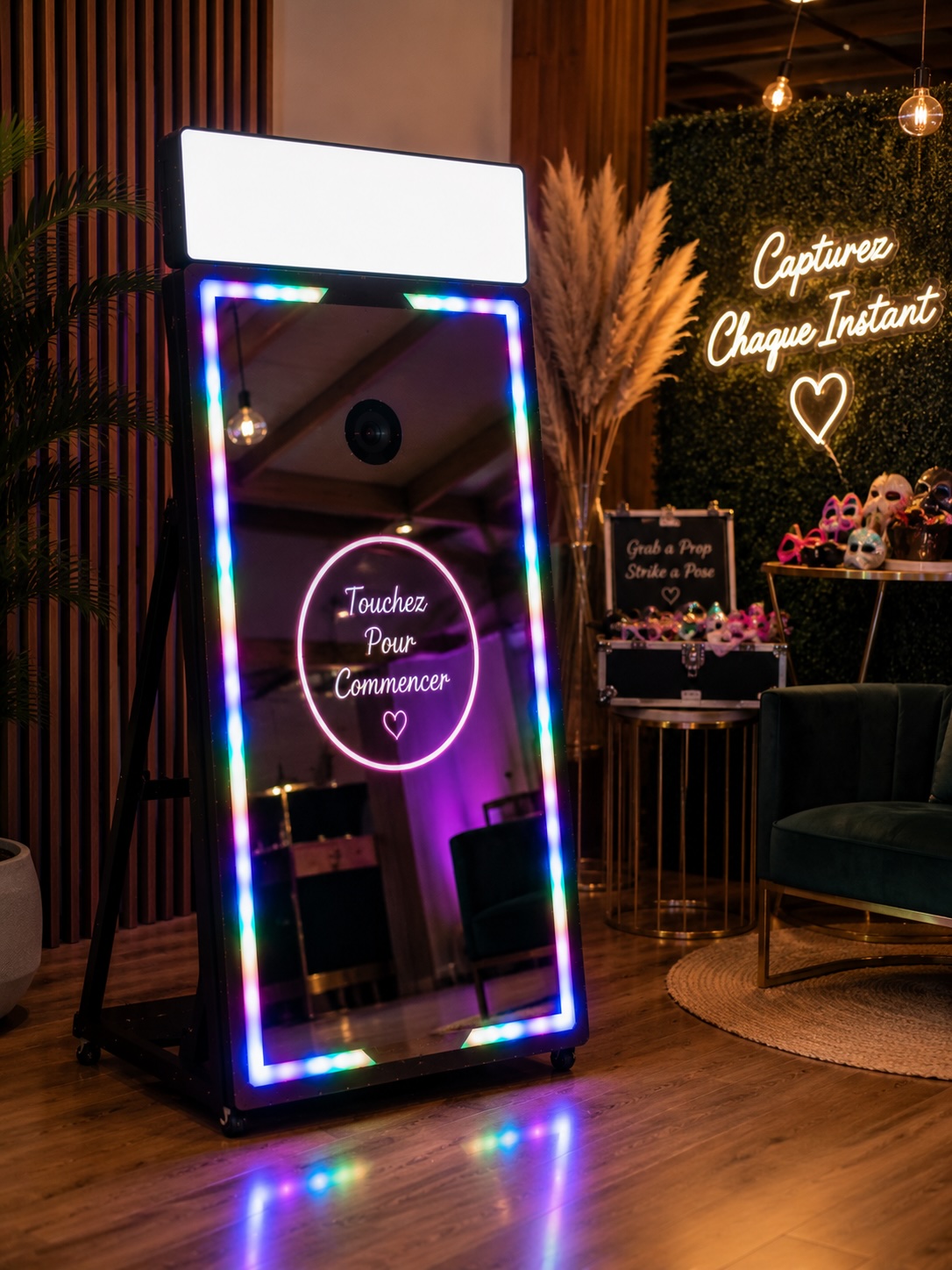 Miroir selfie LUMEA Events avec cadre LED lumineux dans un événement élégant